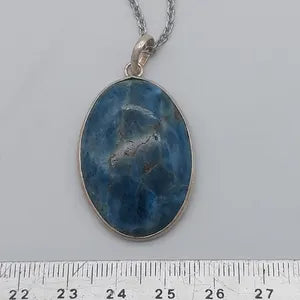 Blue Apatite Crystal Necklace, Cabochon Cut, Silver 925