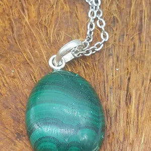 Malachite Cabochon Cut Necklace, Malachite Silver unisex Necklace