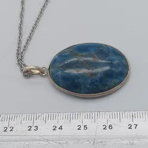 Blue Apatite Crystal Necklace, Cabochon Cut, Silver 925