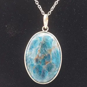 Blue Apatite Crystal Necklace, Cabochon Cut, Silver 925