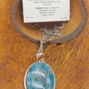 Blue Apatite Crystal Necklace, Cabochon Cut, Silver 925