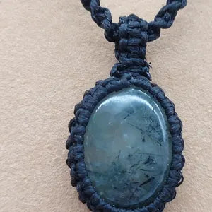 Tourmalinated Prehnite Macrame Necklace, Prehnite with green Tourmaline Handmade Woven Pendant