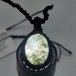 Tourmalinated Prehnite Macrame Necklace, Prehnite with green Tourmaline Handmade Woven Pendant