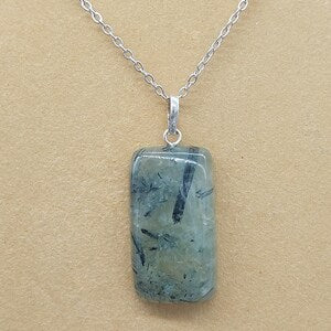 Prehnite with Green Tourmaline Crystal Necklace, Green Stone Necklace, Crystal Pendant, Steel Chain Necklace with Gemstone