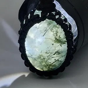 Tourmalinated Prehnite Macrame Necklace, Prehnite with green Tourmaline Handmade Woven Pendant