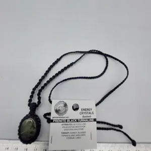 Tourmalinated Prehnite Macrame Necklace, Prehnite with green Tourmaline Handmade Woven Pendant