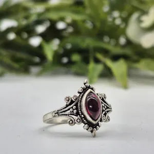 Garnet Silver Plated Adjustable Ring, Red Crystal Silver Ring, Birthstone Tiny Minimal Gemstone Ring