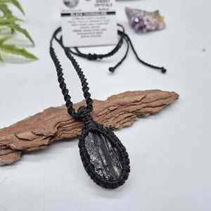 Black Tourmaline Macrame Necklace, Rough Tourmaline Handmade Necklace