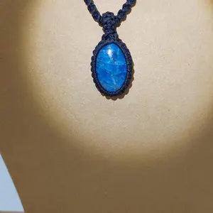 Blue Apatite Macrame Neklace, Blue Crystal Woven Necklace, Gemstone Unisex Necklace