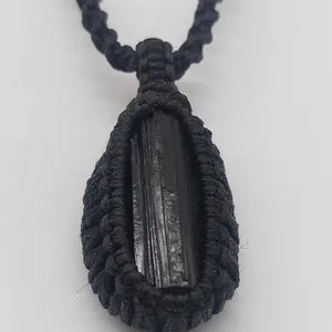 Black Tourmaline Rough Stone Macrame Necklace, Protection Necklace, Handmade Wrapped Black Crystal Necklace