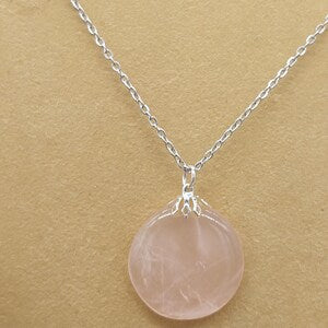 Rose Quartz Round Crystal Necklace,Pink Stone Necklace with Steel Chain,Love Stone Necklace, Birthstone Women'sNecklace,Crystal Gift for Her