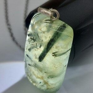 Prehnite with Green Tourmaline Crystal Necklace, Green Stone Necklace, Crystal Pendant, Steel Chain Necklace with Gemstone