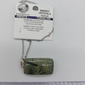 Prehnite with Green Tourmaline Crystal Necklace, Green Stone Necklace, Crystal Pendant, Steel Chain Necklace with Gemstone