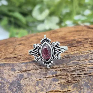 Garnet Silver Plated Adjustable Ring, Red Crystal Silver Ring, Birthstone Tiny Minimal Gemstone Ring