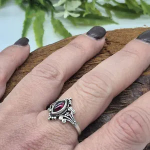 Garnet Silver Plated Adjustable Ring, Red Crystal Silver Ring, Birthstone Tiny Minimal Gemstone Ring