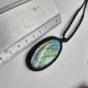 Shiny Labradorite Crystal Macrame Necklace, Green Flashy Stone Woven Necklace
