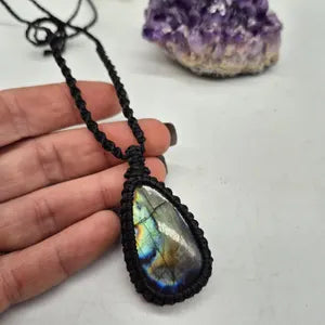 Labradorite Macrame Necklace, Flashy Gemstone Necklace for Men and Women