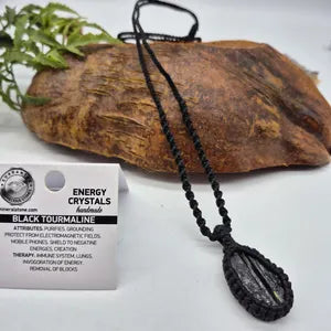 Black Tourmaline Macrame Necklace, Rough Tourmaline Handmade Necklace