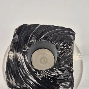 Black Obsidian Crystal Candle Holder - Rough Crystal Candle Tea Light, Obsidian Candle Stand