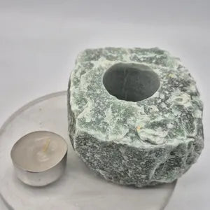 Green Aventurine Candle Holder, Rough Green Crystal Candle Base, Raw Stone Tea Light Holder