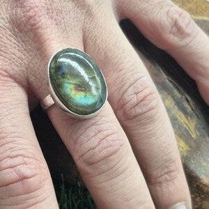 Labradorite Silver Plated Adjustable Ring, Flashy Crystal Ring for Her