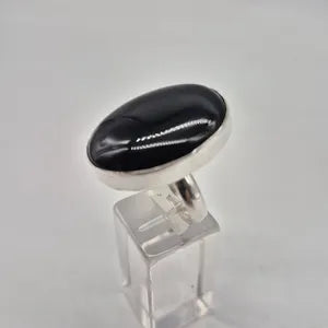 Black Obsidian Silver Plated Adjustable Ring, Crystal Ring for Him and for Her