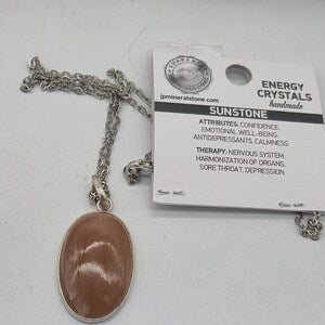 Sunstone Silver 925 Bezel Necklace with Steel Chain,Crystal Necklace for Him and for Her