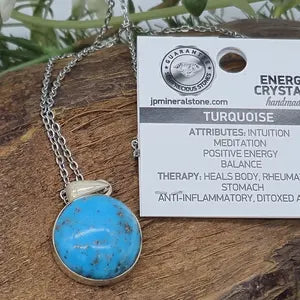 Authentic Natural Turquoise Silver Necklace with Steel Chain
