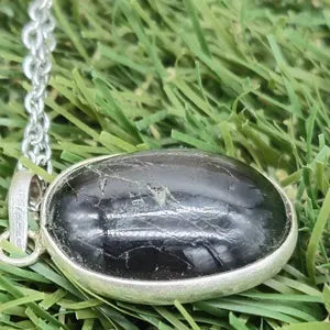 Black Diopside Silver 925 Bezel Necklace with Steel Chain, Statement Necklace for Men, Energy Protection Necklace