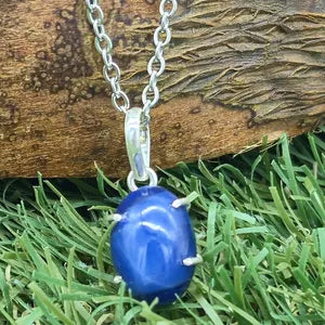 Blue Star Sapphire Silver 925 Bezel Necklace with Steel Chain, Gemstone Necklace for Him and for Her