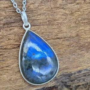 Blue Labradorite Silver Bezel Necklace with Steel Chain