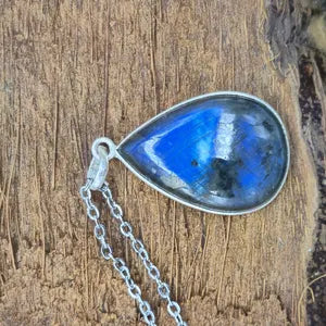 Blue Labradorite Silver Bezel Necklace with Steel Chain