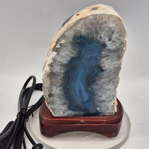 Blue Agate Crystal Lamp with Wooden Base - Agate Geode Cut Base Light