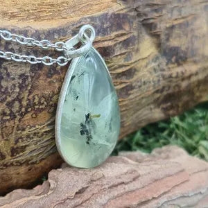 Prehnite Pendant Necklace with Green Tourmaline Inclusions in Silver Bezel with Steel Chain
