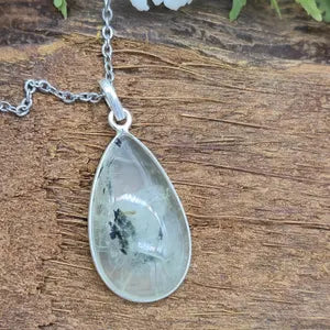 Prehnite Pendant Necklace with Green Tourmaline Inclusions in Silver Bezel with Steel Chain