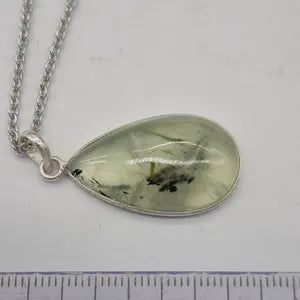 Prehnite Pendant Necklace with Green Tourmaline Inclusions in Silver Bezel with Steel Chain