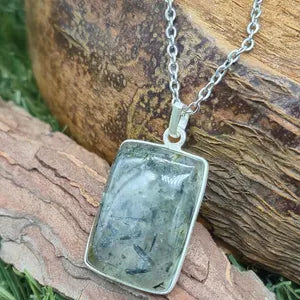 Prehnite Pendant Necklace with Green Tourmaline Inclusions in Silver Bezel with Steel Chain