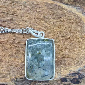 Prehnite Pendant Necklace with Green Tourmaline Inclusions in Silver Bezel with Steel Chain