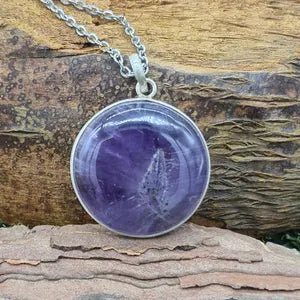 Amethyst Pendant Necklace in Silver Bezel with Steel Chain