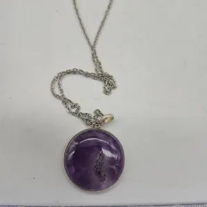 Amethyst Pendant Necklace in Silver Bezel with Steel Chain
