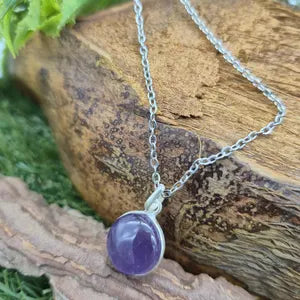 Amethyst Pendant Necklace in Silver Bezel with Steel Chain