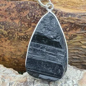 Raw Black Tourmaline Pendant Necklace in Silver Bezel with Steel Chain