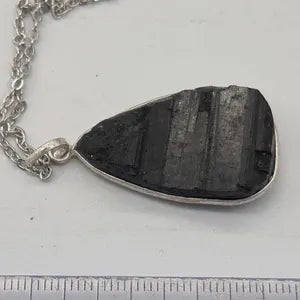 Raw Black Tourmaline Pendant Necklace in Silver Bezel with Steel Chain