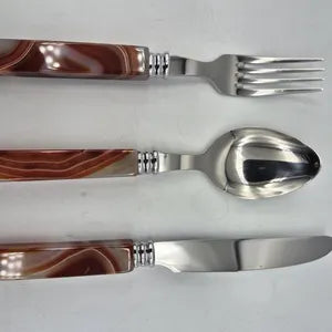 Handcrafted Natural Brown Agate Brazilian Cutlery Set with Stainless Steel