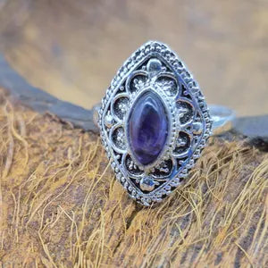 Amethyst Ethnic Silver Plated Ring, Purple Crystal Adjustable Ring for Women