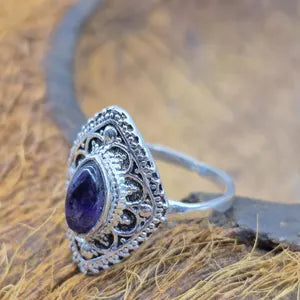Amethyst Ethnic Silver Plated Ring, Purple Crystal Adjustable Ring for Women