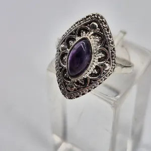Amethyst Ethnic Silver Plated Ring, Purple Crystal Adjustable Ring for Women