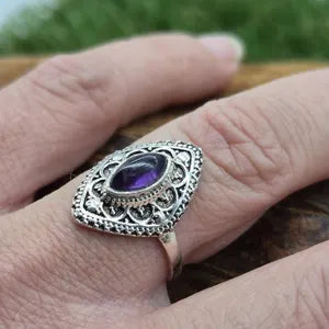 Amethyst Ethnic Silver Plated Ring, Purple Crystal Adjustable Ring for Women