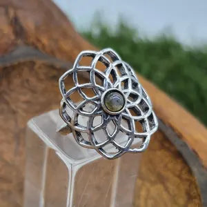 Blue Labradorite Crystal Mandala Silver Plated Ring, Blue Stone Adjustable Ring