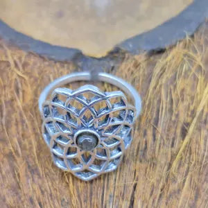 Blue Labradorite Crystal Mandala Silver Plated Ring, Blue Stone Adjustable Ring